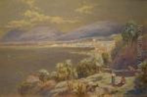 Italian Lake Scene 
 With Family And Goats, A Town Beyond