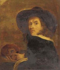 Portrait of a gentleman, bust-length, holding a skull