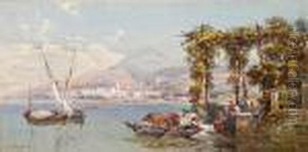 Italian Lakes Scene, With Figures And Smallboats To The Fore - view 1