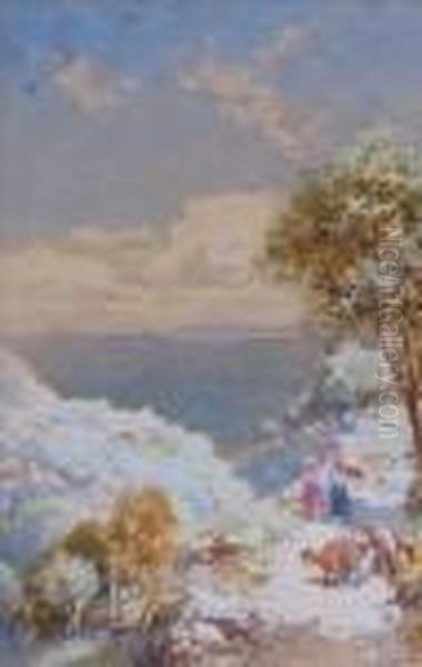 Figures Andgoats On A Lakeside Path - view 1