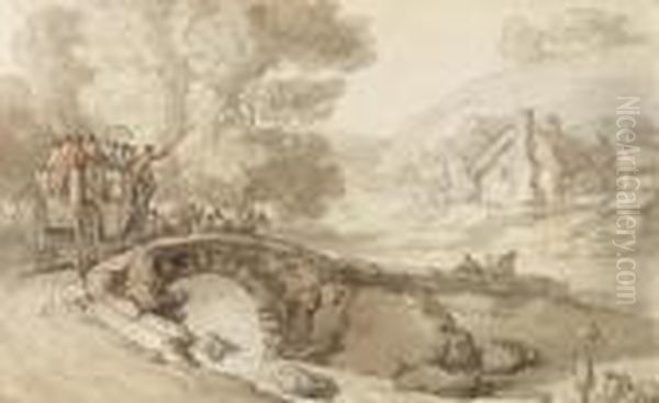 A Crowded Coach Crossing A Bridge, Approaching A Village - view 1