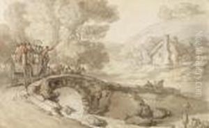 A Crowded Coach Crossing A Bridge, Approaching A Village by Thomas Rowlandson