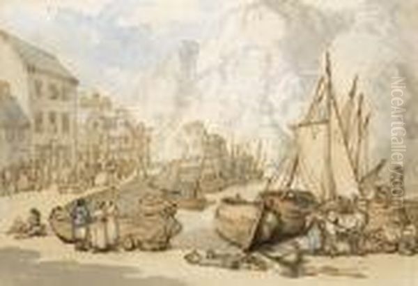 Fishing Boats At Low Tide In A Harbour, Possibly Port Isaac,cornwall - view 1