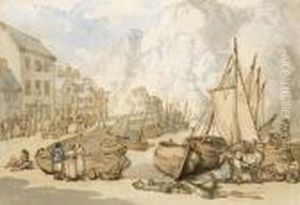 Fishing Boats At Low Tide In A Harbour, Possibly Port Isaac,cornwall