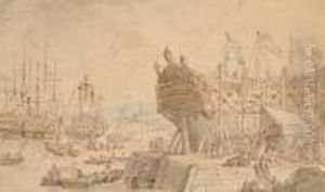 The Launch Of H.m.s. Nelson by Thomas Rowlandson