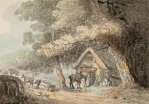 Figures Before A Thatched Woodlandcottage by Thomas Rowlandson