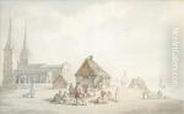 Figures Outside Reculver Church - view 1