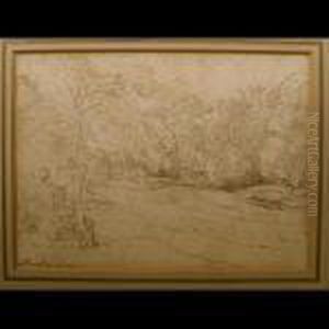 Artist Sketching In A Landscape With His Lady And Hisdog Artist Sketching In A Landscape With His Lady And Hisdog