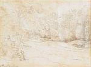 Artist Sketching In A Landscape With His Lady And His Dog by Thomas Rowlandson