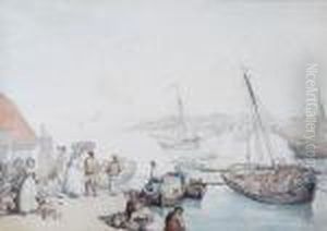 Figures And Boats By A South Devon Estuary, Sailing Ships To The Distance
