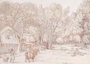 Figures And Cattle Before Cottages by Thomas Rowlandson