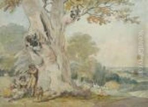 A Shepherd Playing A Flute To A Maiden And Her Dog