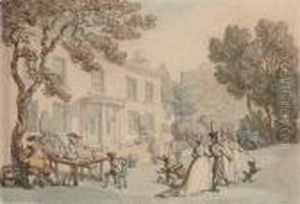 An Officer And Ladies Promenading Outside A Country House by Thomas Rowlandson