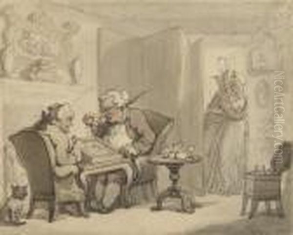 Two Gentlemen Playing Backgammon In An Interior, A Pair Of Lovers In The Doorway - view 1