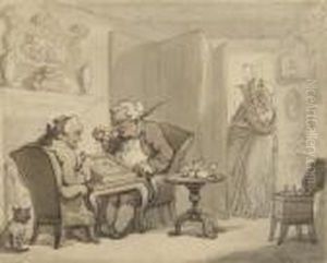 Two Gentlemen Playing Backgammon In An Interior, A Pair Of Lovers In The Doorway by Thomas Rowlandson