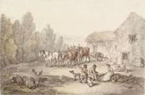 A Farmyard Scene With Figures And Animals by Thomas Rowlandson
