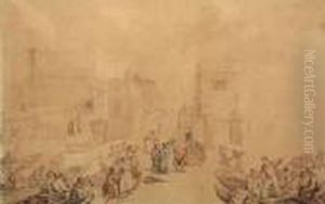 A Busy Harbour Scene Withnumerous Crowded Ferry Boats And Figures by Thomas Rowlandson