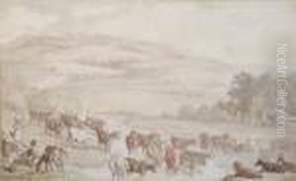 'cattle Watering In An Extensive Wooded Landscape - view 1