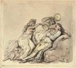 Deux Femmes Agitant Des Eventails Devant Un Homme Assis Sur Un Fauteuil by Thomas Rowlandson