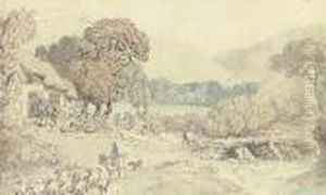 A River Landscape With A Drover With Sheep In The Foreground