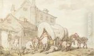 Ladies Of Easy Virtue Mounting A Wagon Outside An Inn by Thomas Rowlandson