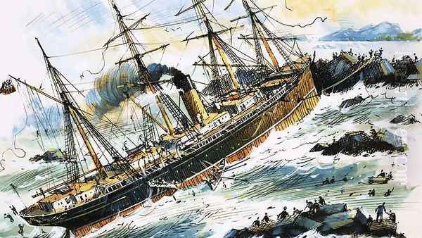 Unidentified steam ship crashes into rocks - view 1