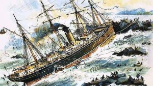 Unidentified steam ship crashes into rocks