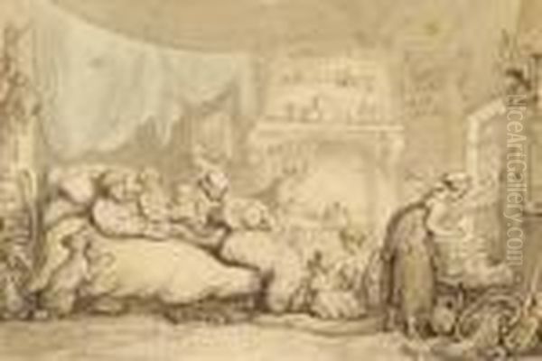 A Father In His Bed Surrounded By His Wife And Children - view 1