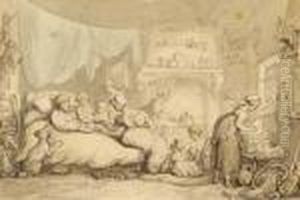 A Father In His Bed Surrounded By His Wife And Children by Thomas Rowlandson