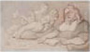 Disrespectful Youths Trying To Wake A Sleeping Woman by Thomas Rowlandson