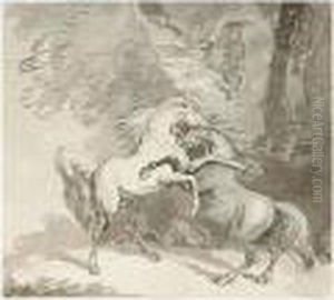 Horses Fighting On A Woodland Path by Thomas Rowlandson
