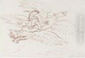 Baron Munchausen's Extraordinary
Flight On The Back Of An Eagle Supported By A Second Eagle by Thomas Rowlandson