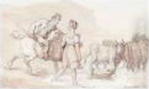 A Gentleman On Horseback Conversing With A Young Girl Tending Cattle