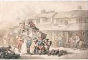 The Arrival Of The Stagecoach At Bodmin, Cornwall by Thomas Rowlandson