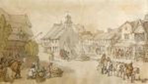 A Street Scene With Figures And Horses by Thomas Rowlandson