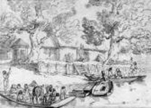 A River Scene With Horses And Figures On A Ferry