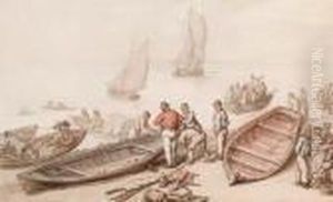 A Scene With Boats Including Sailors And Other Figures by Thomas Rowlandson