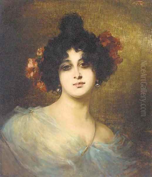 A lady with red flowers in her hair - view 1