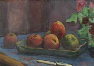 Apples with a Knife and a Pot of Begonias by Wladyslaw Slewinski