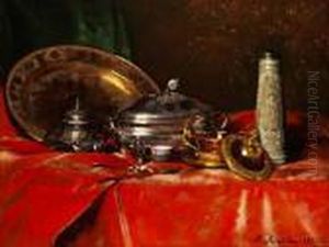 Stilleben Mit Silbergeschirr, Beckenschlagerschussel Und Tonkrug by Ferdinand Victor Leon Roybet
