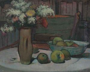 Flowers and Apples on a Round Table by Wladyslaw Slewinski
