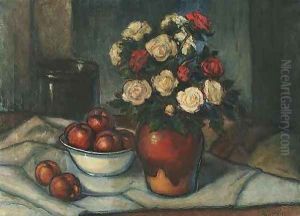White and Red Roses in a Vase and Apples by Wladyslaw Slewinski
