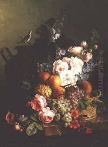 Still Life of Fruits and Flowers in a Wicker Basket on a Ledge. by Cornelis van Spaendonck