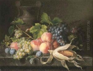Peaches, grapes on the vine, plums, a melon and corn on the cob on a marble ledge with an urn