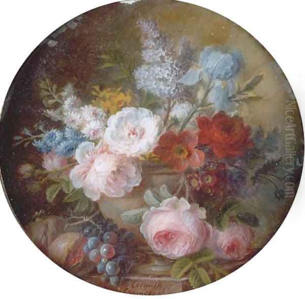 Cabbage rose, white rose, Austrian copper briar, peony, hyacinths, golden narcissus, lilac, pale iris, poppy anemone, auricula and opium poppy - view 1