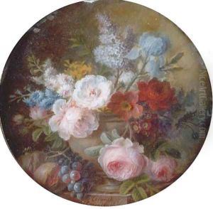 Cabbage rose, white rose, Austrian copper briar, peony, hyacinths, golden narcissus, lilac, pale iris, poppy anemone, auricula and opium poppy