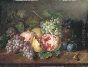Pomegranates, grapes and plums with a snail and a caterpillar on a marble ledge by Cornelis van Spaendonck