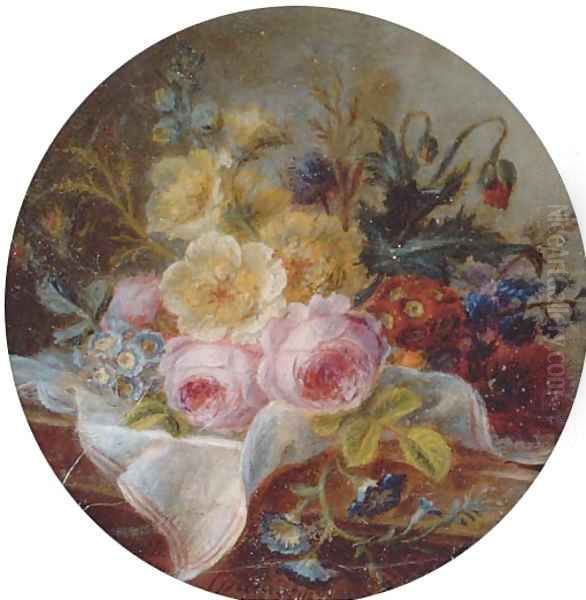 Cabbage rose, white rose, auriculas, hollyhock, opium poppy, hyacinths, marigold and small morning glory on a silk cloth on a marble ledge - view 1