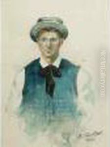 Autoportrait De L'artiste En Buste Portant Un Gilet Et Un Chapeaude Paille
