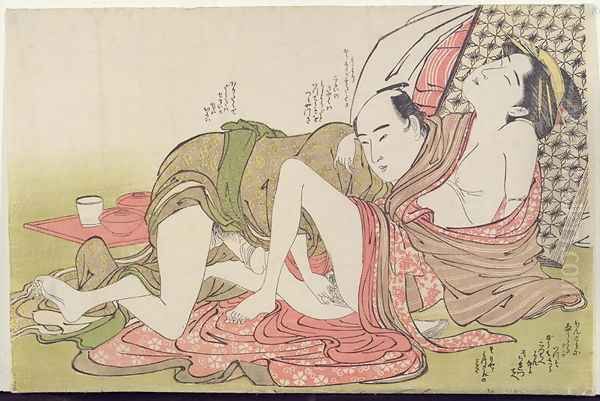 A Shunga erotic print lovers with a folded screen behind them, c.1785 - view 1